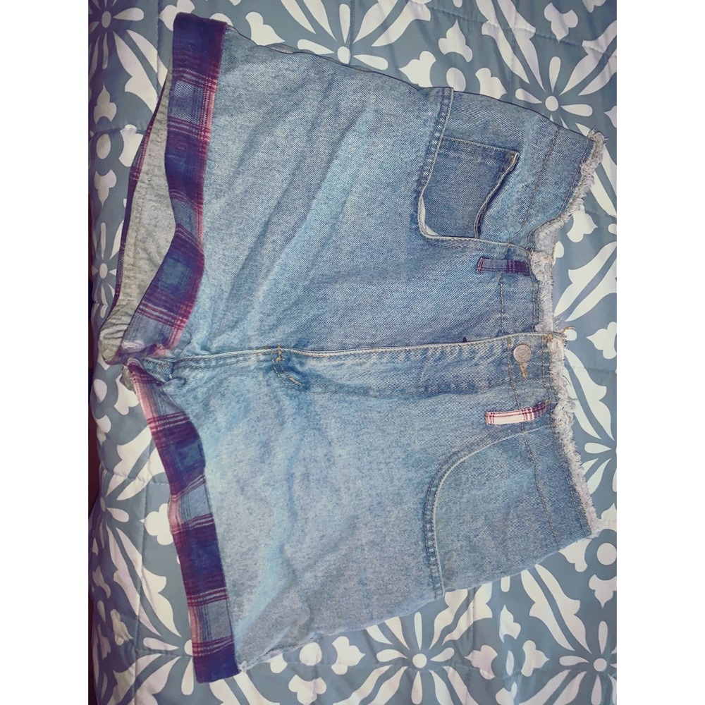 High waisted blue jean checkered shorts